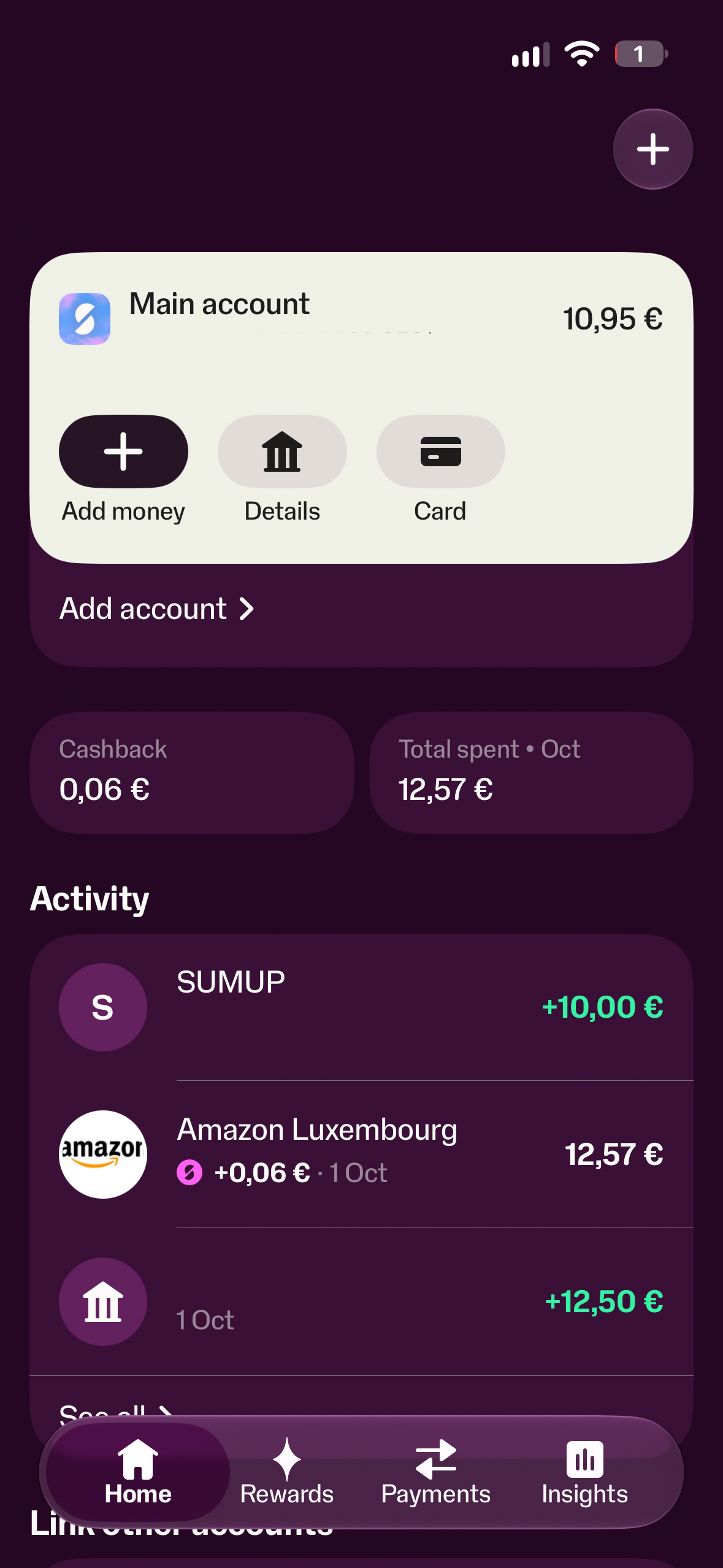 📸 Schermata principale dell'app SumUp Pay con il saldo disponibile e le transazioni recenti